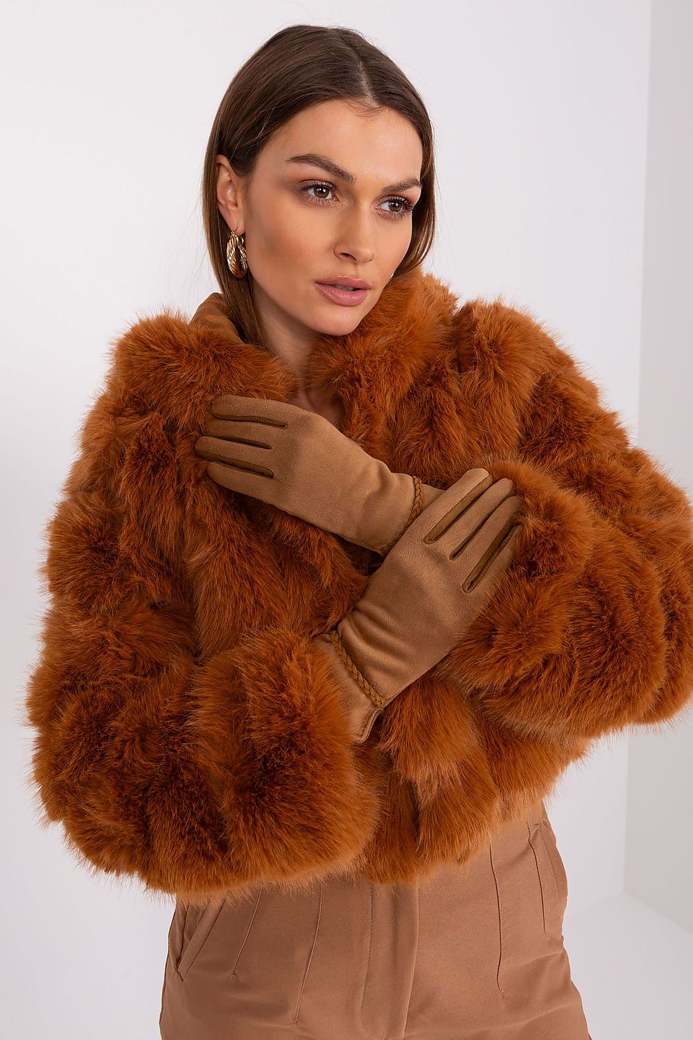 Chic women's touchscreen gloves by AT, designed with braided wrist details and floral accents for a fashionable look.