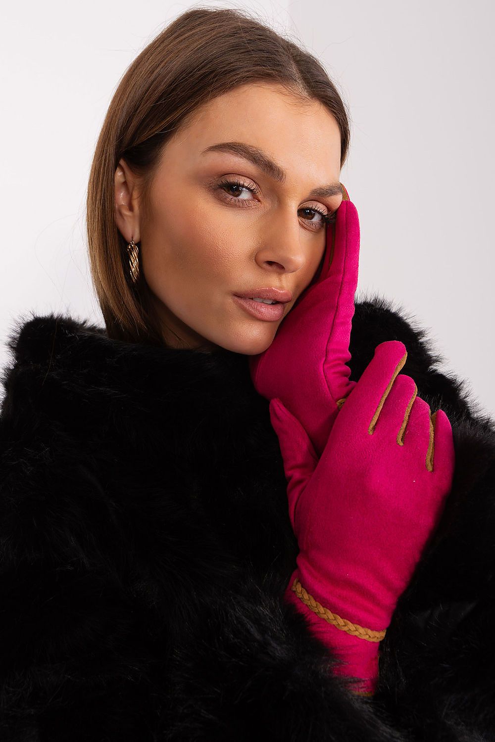 Chic women's gloves by AT, elegantly combining smooth fabric and decorative elements for ultimate sophistication.