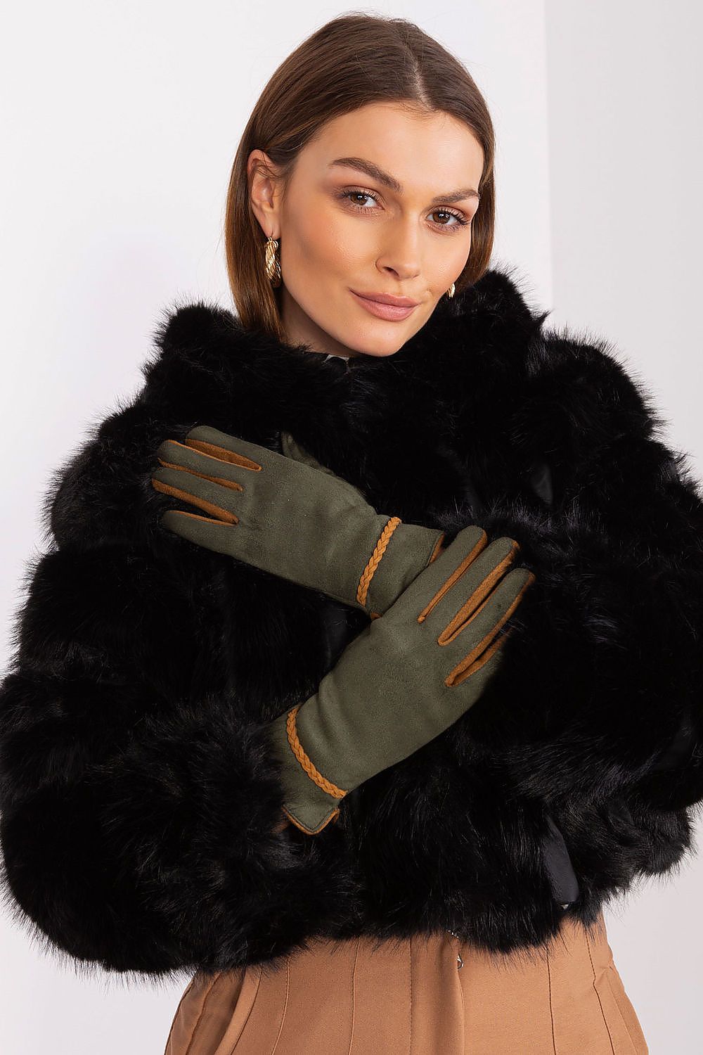 Sophisticated women's gloves by AT, designed with smooth material, contrast inserts, and touchscreen functionality for modern convenience.