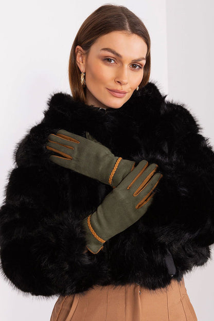Sophisticated women's gloves by AT, designed with smooth material, contrast inserts, and touchscreen functionality for modern convenience.