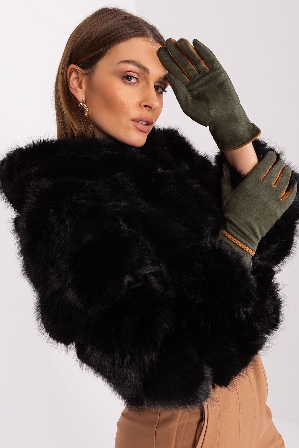 Stylish touchscreen women's gloves by AT crafted with quality polyester and spandex, showcasing intricate floral embroidery for elegance.