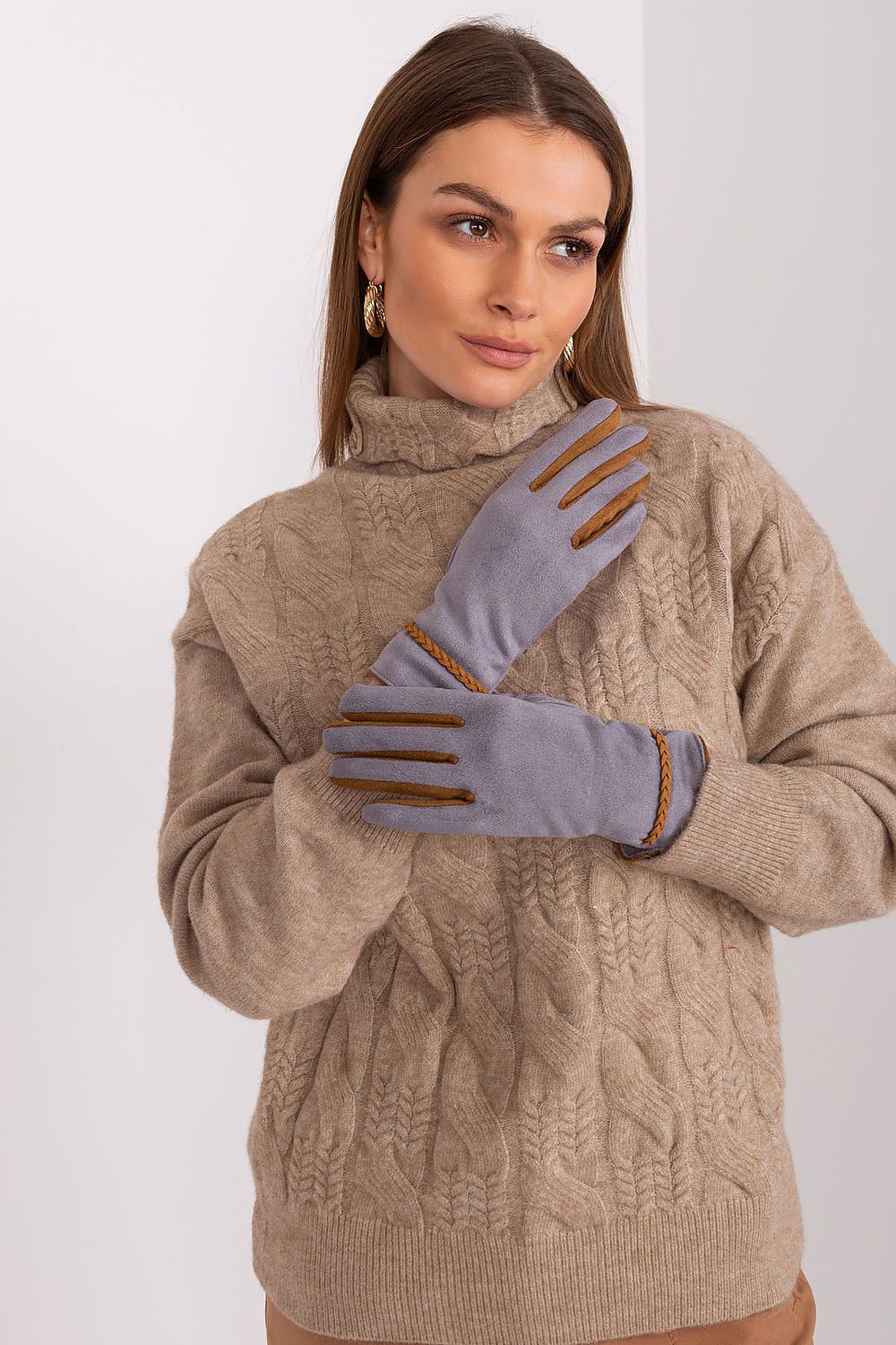 Elegant women's touchscreen gloves by AT featuring embroidered flower detail and braided wrist straps, perfect for touchscreen devices.