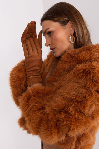 Elegant women's touchscreen gloves by AT featuring braided wrist straps and embroidered flower detail, perfect for stylish functionality.