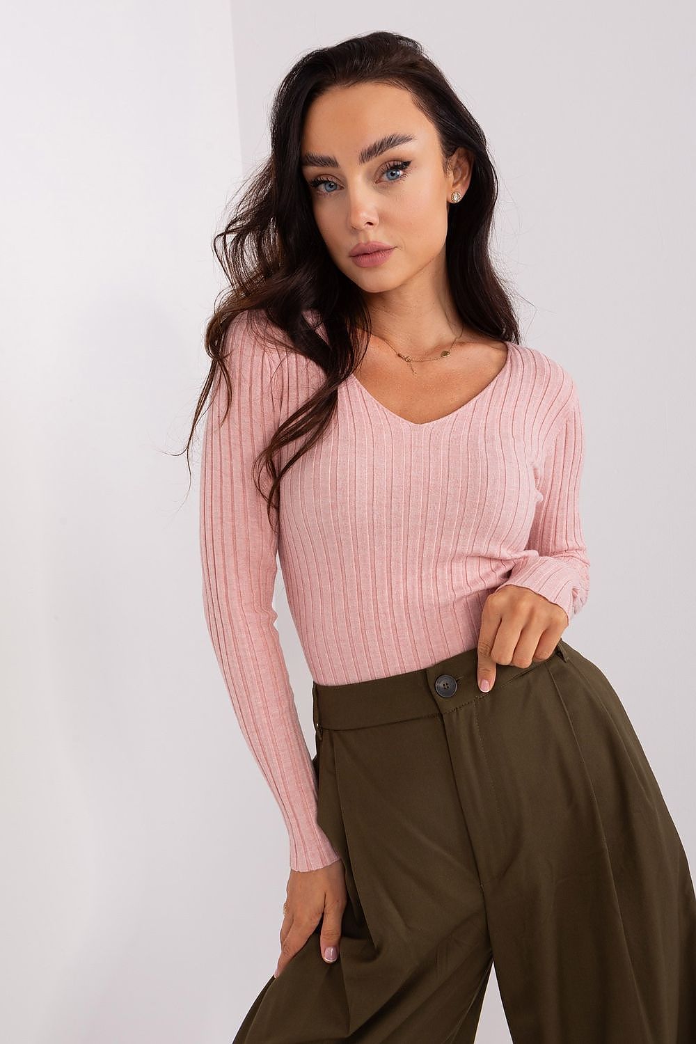 Luxury ribbed women's viscose sweater in soft pastel colours, featuring a stylish V neckline, ideal for casual occasions, by Factory Price.