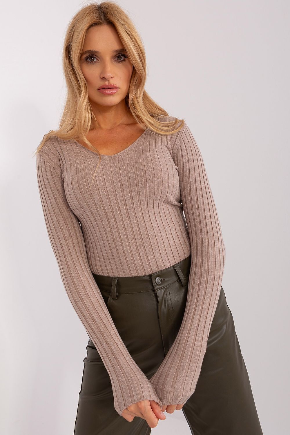 Luxurious Ribbed V Neck Women's Sweater in Viscose Blend by Factory Price, featuring long sleeves and a chic design perfect for colder days.