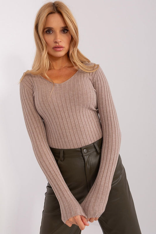 Luxurious Ribbed V Neck Women's Sweater in Viscose Blend by Factory Price, featuring long sleeves and a chic design perfect for colder days.