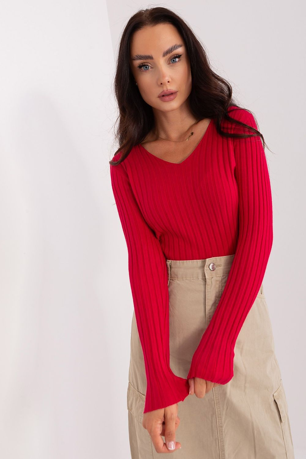 Luxury ribbed viscose women's sweater with long sleeves, designed for elegant casual style, by Factory Price.