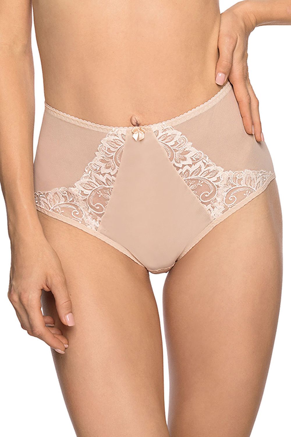 Luxurious Bella Misteria feminine full briefs showcasing delicate embroidery and a slightly raised waist, made from exquisite mesh fabric.