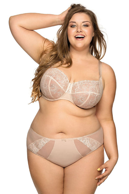 Elegant beige embroidered soft bra designed for fuller figures by Bella Misteria, featuring a triple hook-and-eye closure.