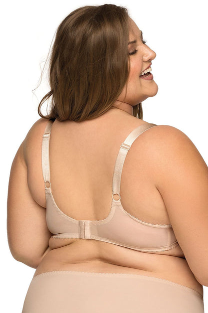 Bella Misteria sophisticated soft bra with exquisite beige embroidery, perfect for fuller figures, featuring a supportive triple hook closure.