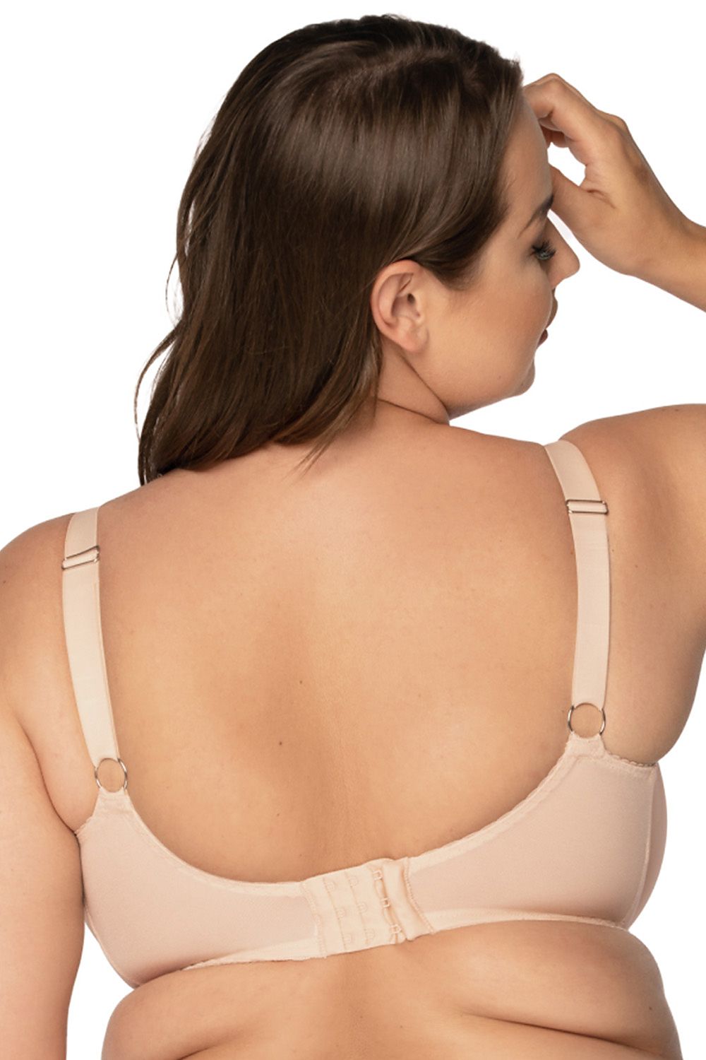 Bella Misteria Lace Bra in soft beige, featuring tulip-shaped cups and luxurious lace design, perfect for full bust support and a comfortable fit.