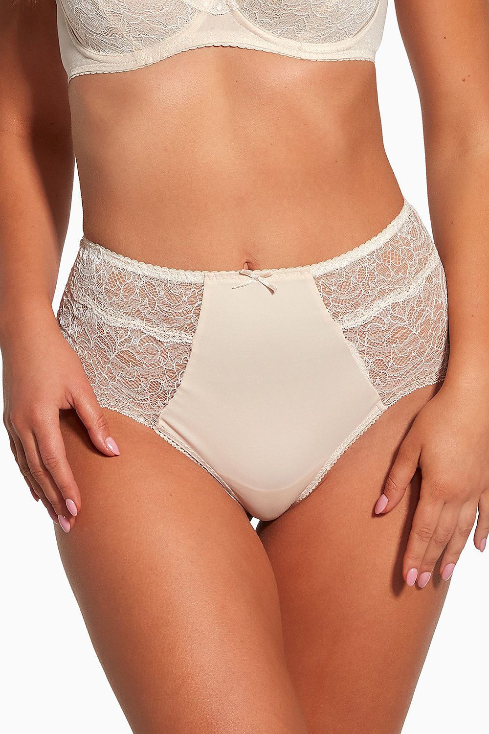 Luxurious Bella Misteria high waisted Brazilian panties featuring elegant lace and charming bow detail, crafted for a sophisticated feminine look.