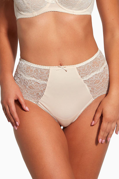 Luxurious Bella Misteria high waisted Brazilian panties featuring elegant lace and charming bow detail, crafted for a sophisticated feminine look.