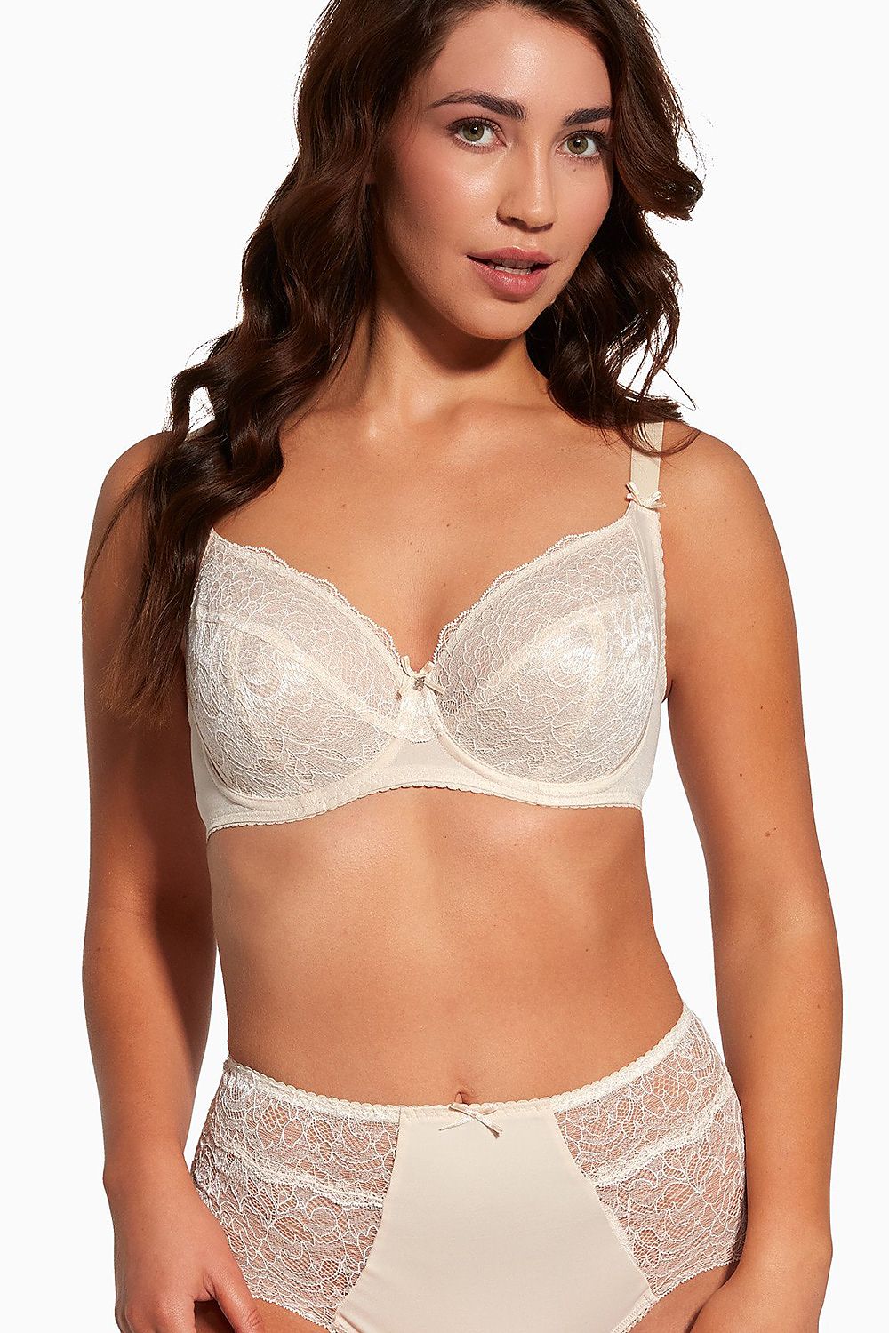 Luxury Bella Misteria Soft Lace Bra in Beige showcasing its elegant lace design and adjustable straps for perfect fit and lift.