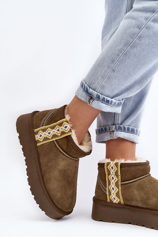 Elegant ankle-length snow boots for women, crafted in natural suede with a stylish Aztec design by Step in Style, perfect for winter fashion.
