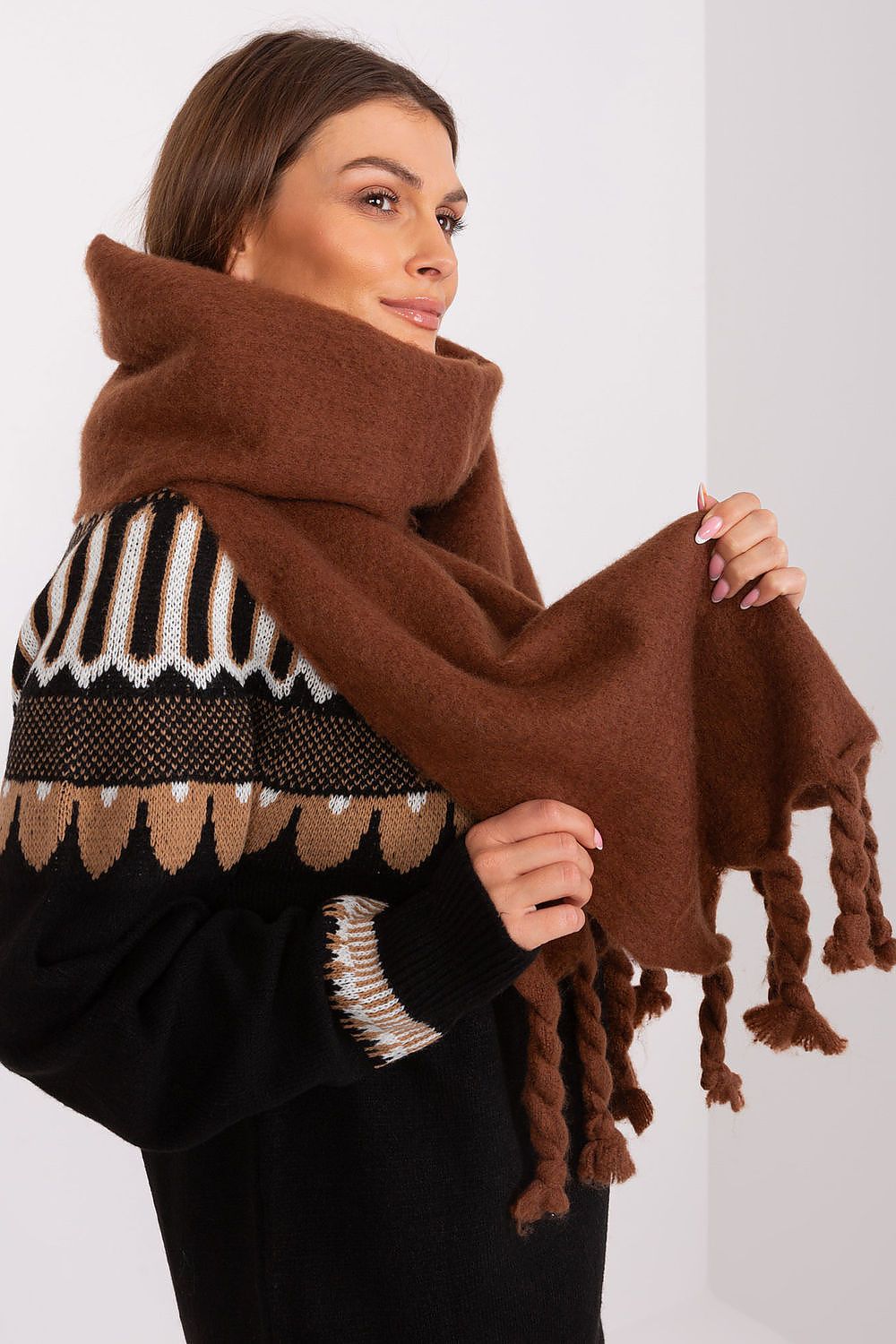 Luxury 100% Polyester Long Scarf with Tassels by AT, showcasing its smooth texture and elegant design for fall and winter wear.