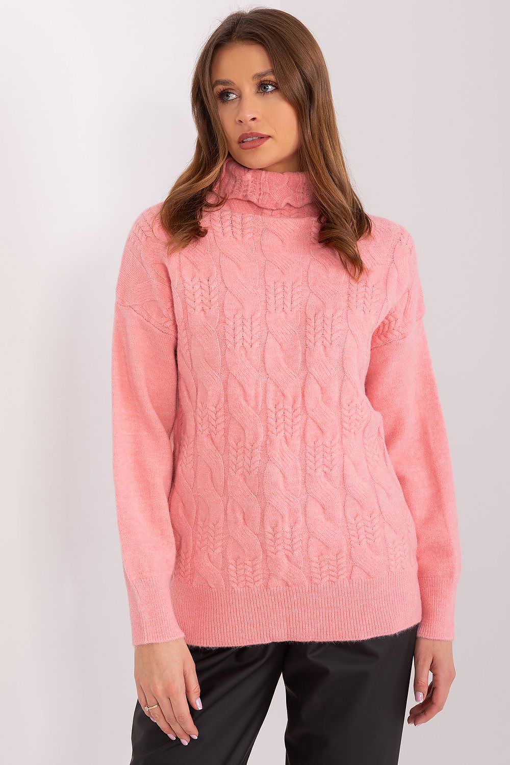 Elegant Variegated Weave Turtleneck Sweater in luxurious high-quality acrylic by AT, showcasing a unique texture perfect for casual chic outfits.