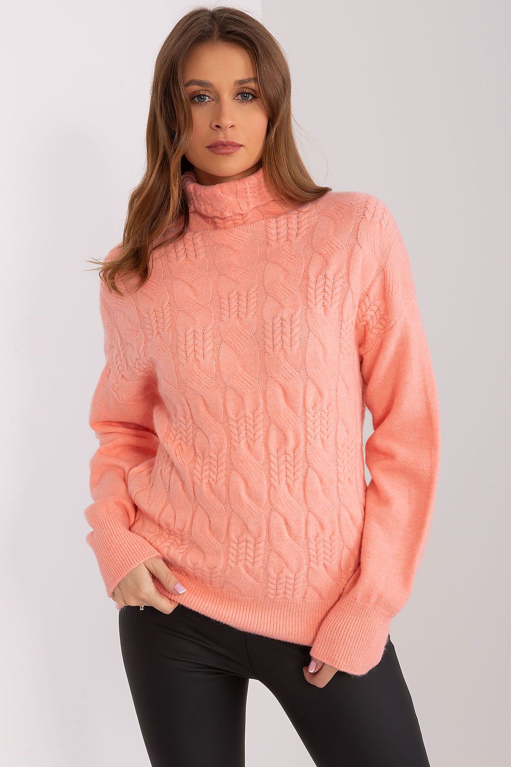 Elegant high-quality acrylic variegated weave turtleneck sweater by AT, perfect for stylish everyday wear.