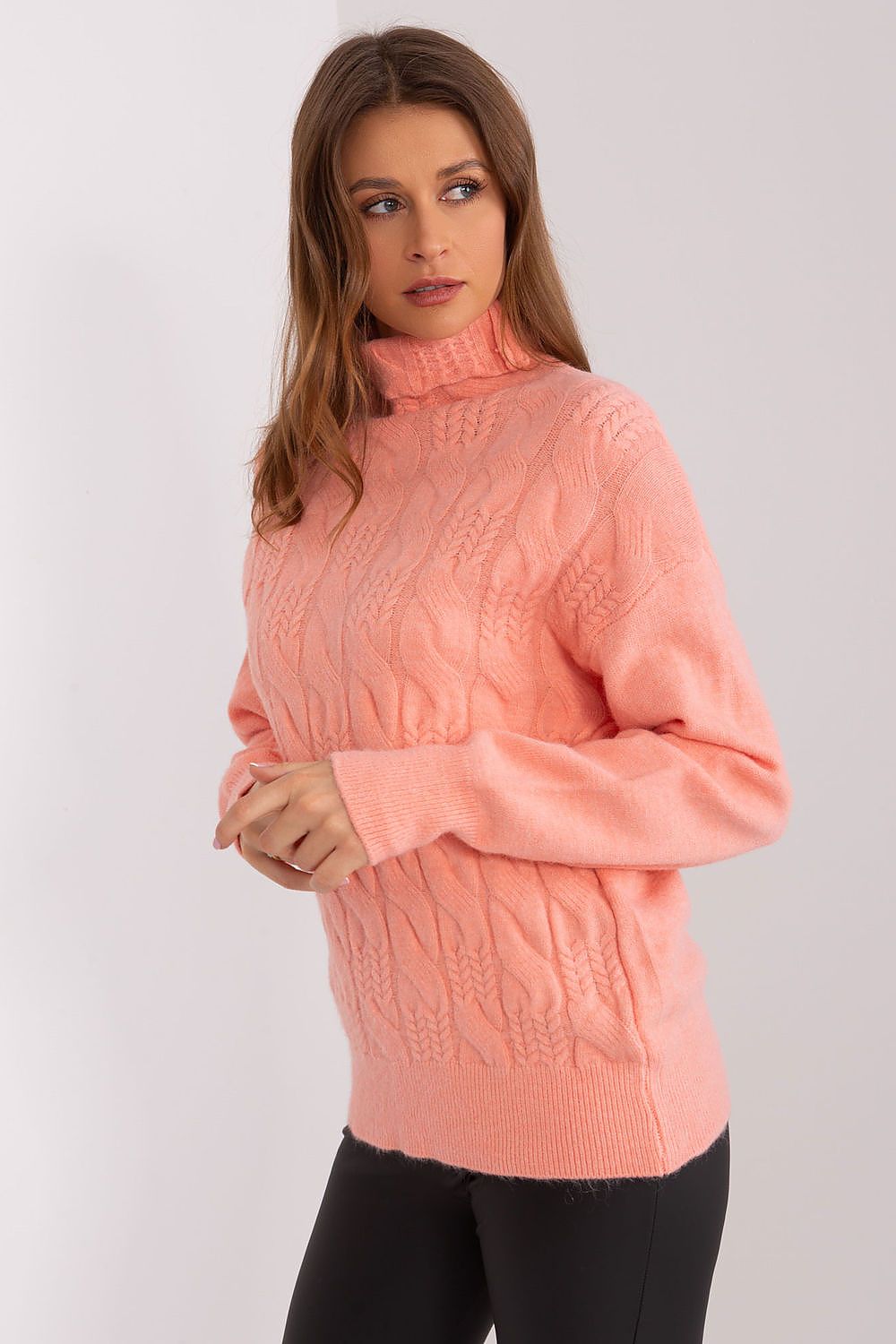Luxury long sleeve turtleneck sweater in variegated weave by AT, showcasing a blend of comfort and sophistication.