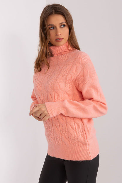 Luxury long sleeve turtleneck sweater in variegated weave by AT, showcasing a blend of comfort and sophistication.
