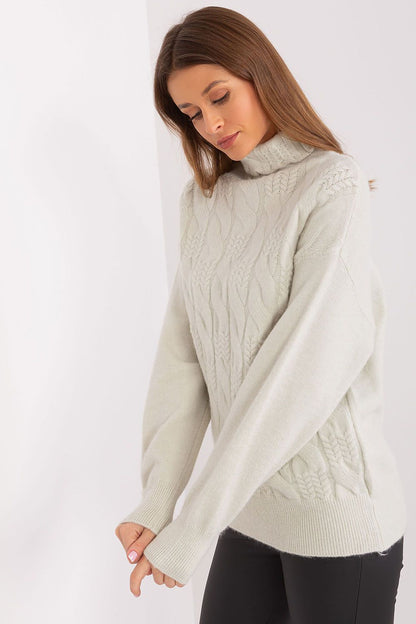 Elegant variegated weave turtleneck sweater in high-quality acrylic by AT, showcasing its unique texture and comfortable style.