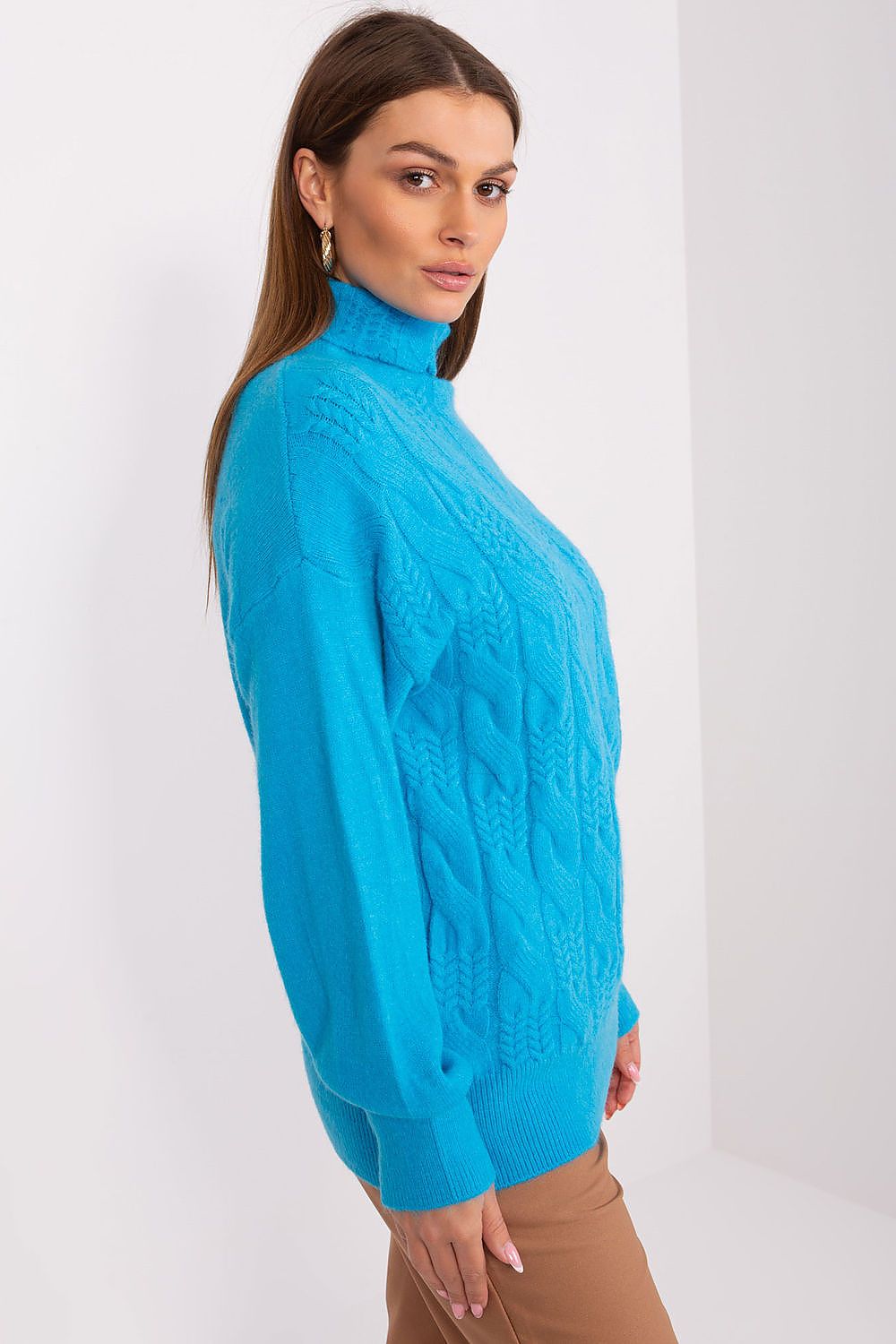Stylish turtleneck sweater from AT featuring a unique variegated design, made with a blend of acrylic, nylon, and polyester for ultimate comfort.