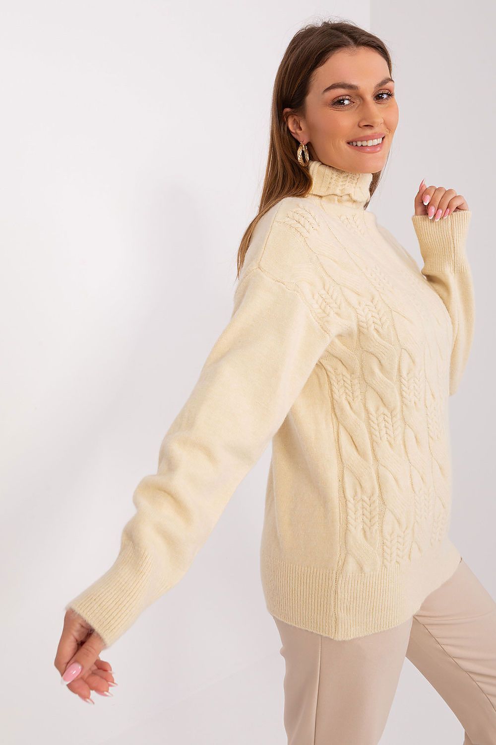 Model wearing an Elegant Variegated Weave Turtleneck Sweater by AT, highlighting its sophisticated design and comfort.