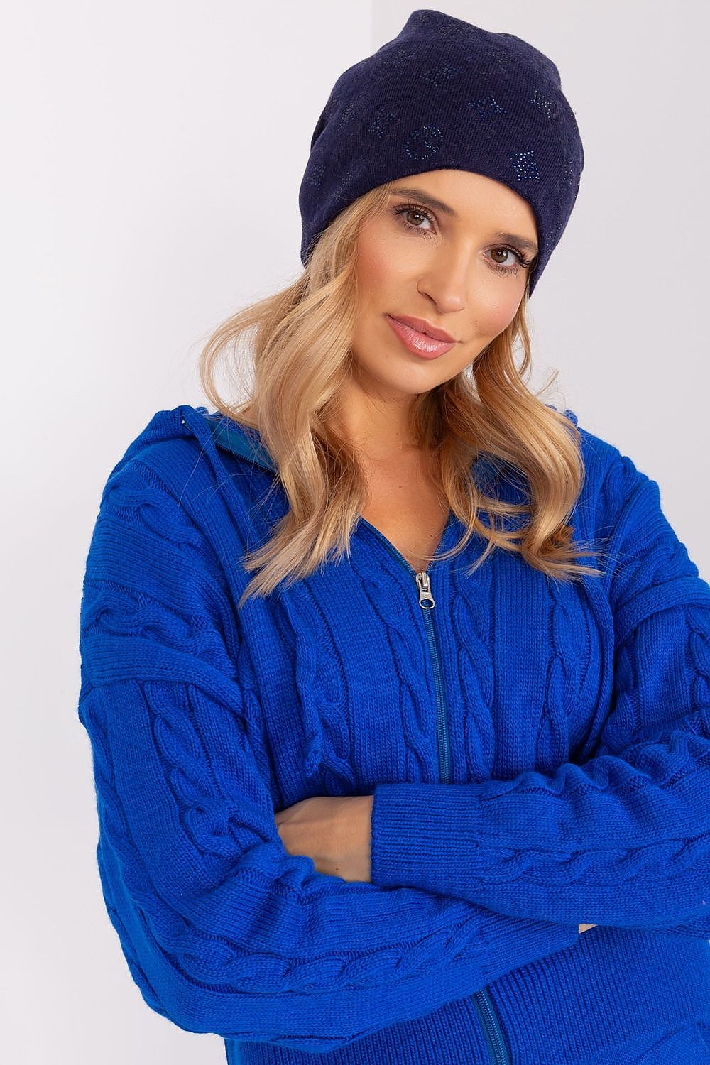 Luxurious women's cashmere blend beanie hat by AT, embellished with elegant rhinestones, perfect for keeping warm in winter.