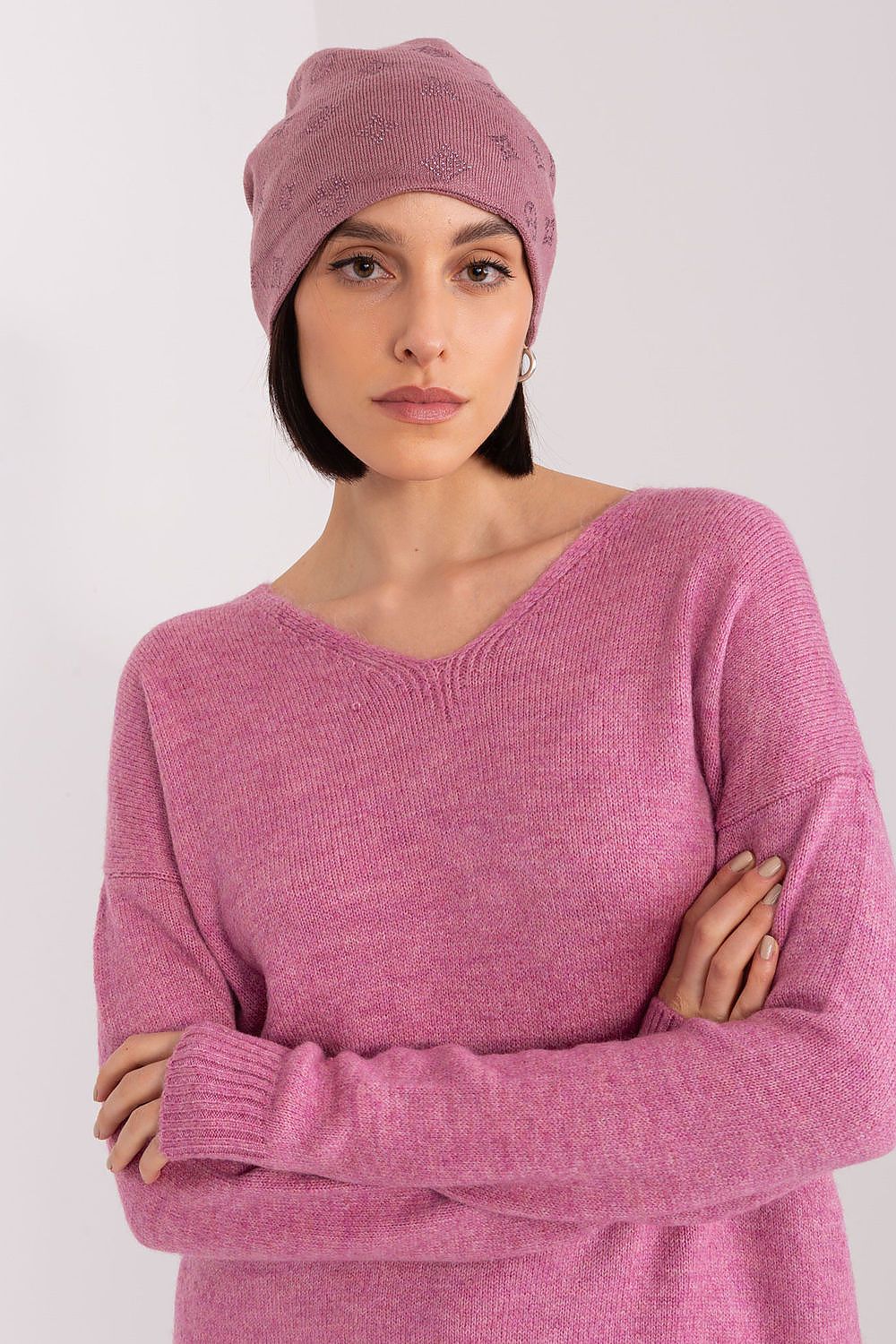 Chic winter beanie hat for women, crafted from a cashmere blend with exquisite rhinestone details, brought to you by AT.