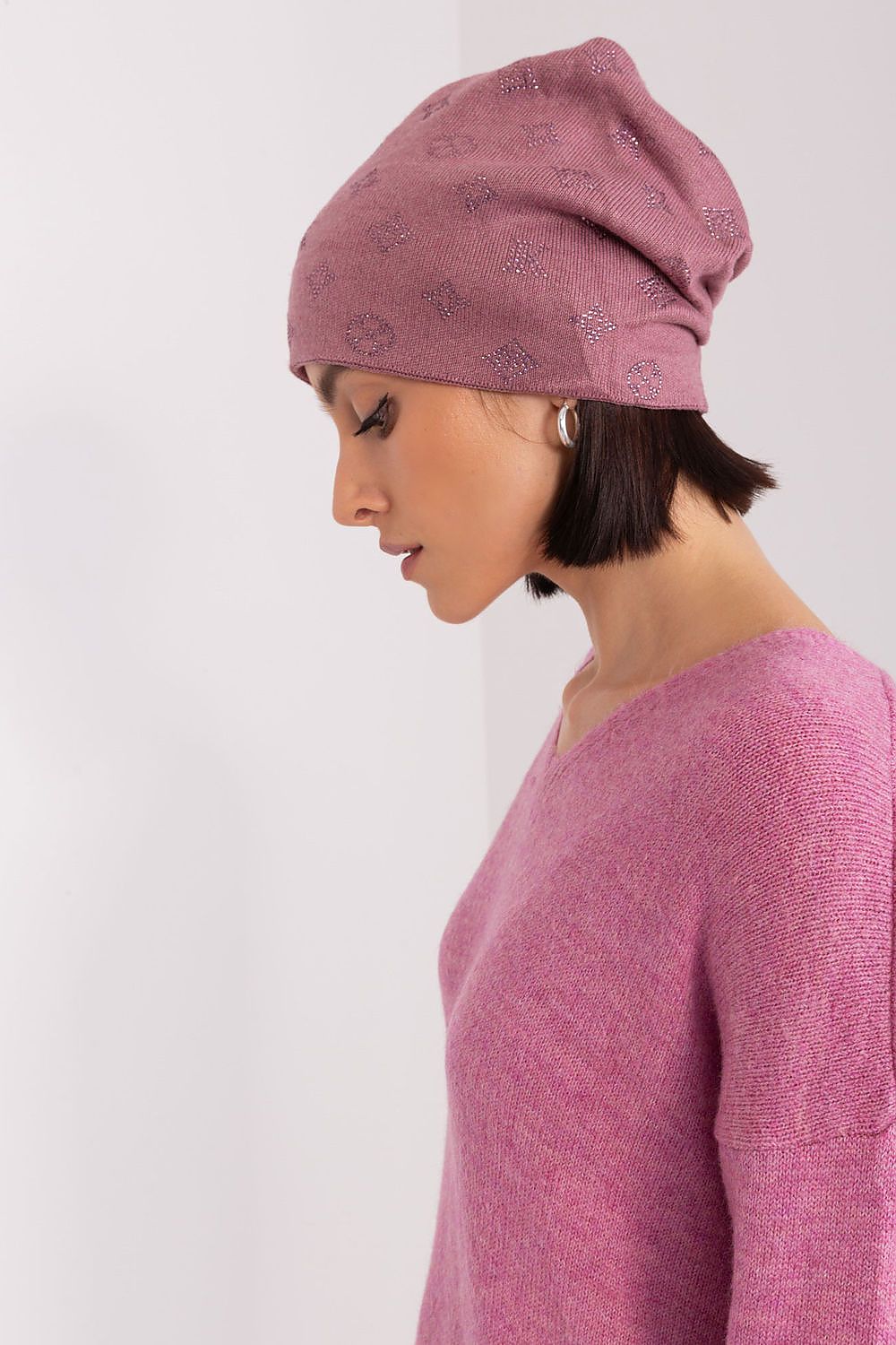 Close-up of Women's Cashmere Blend Beanie Hat with Rhinestones by AT - Showcasing intricate rhinestone detailing on a warm winter hat.