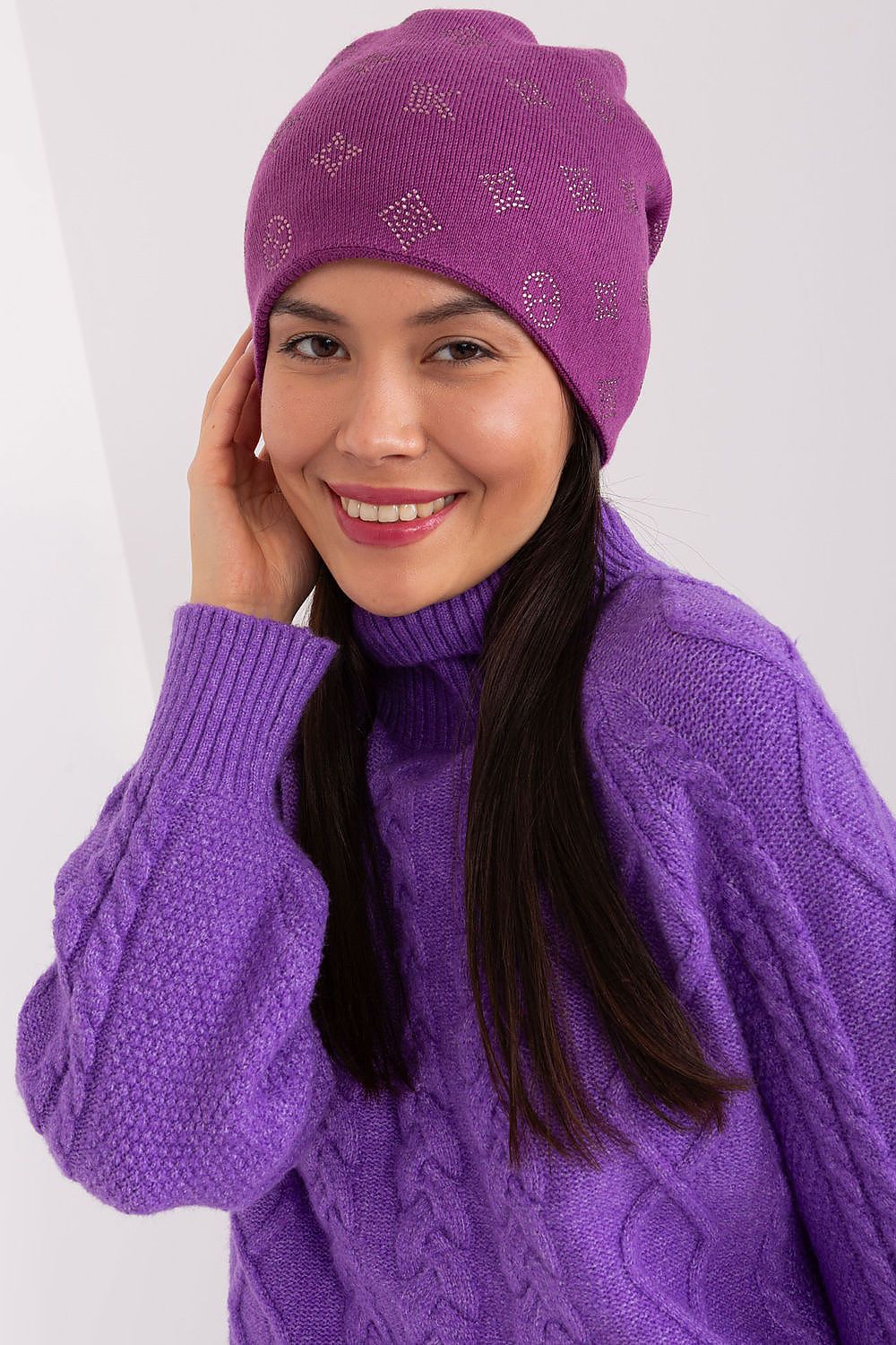 Stylish Women's Cashmere Blend Beanie Hat with Rhinestones by AT - Perfect for cold weather fashion statements.