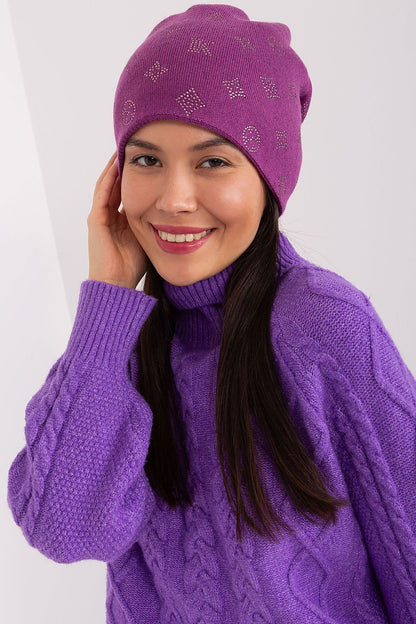 Stylish Women's Cashmere Blend Beanie Hat with Rhinestones by AT - Perfect for cold weather fashion statements.