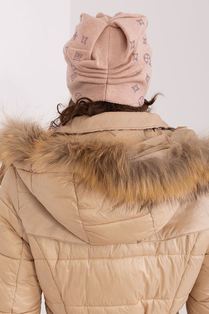 Close-up of AT cashmere blend beanie showcasing the exquisite rhinestone detailing and soft texture.