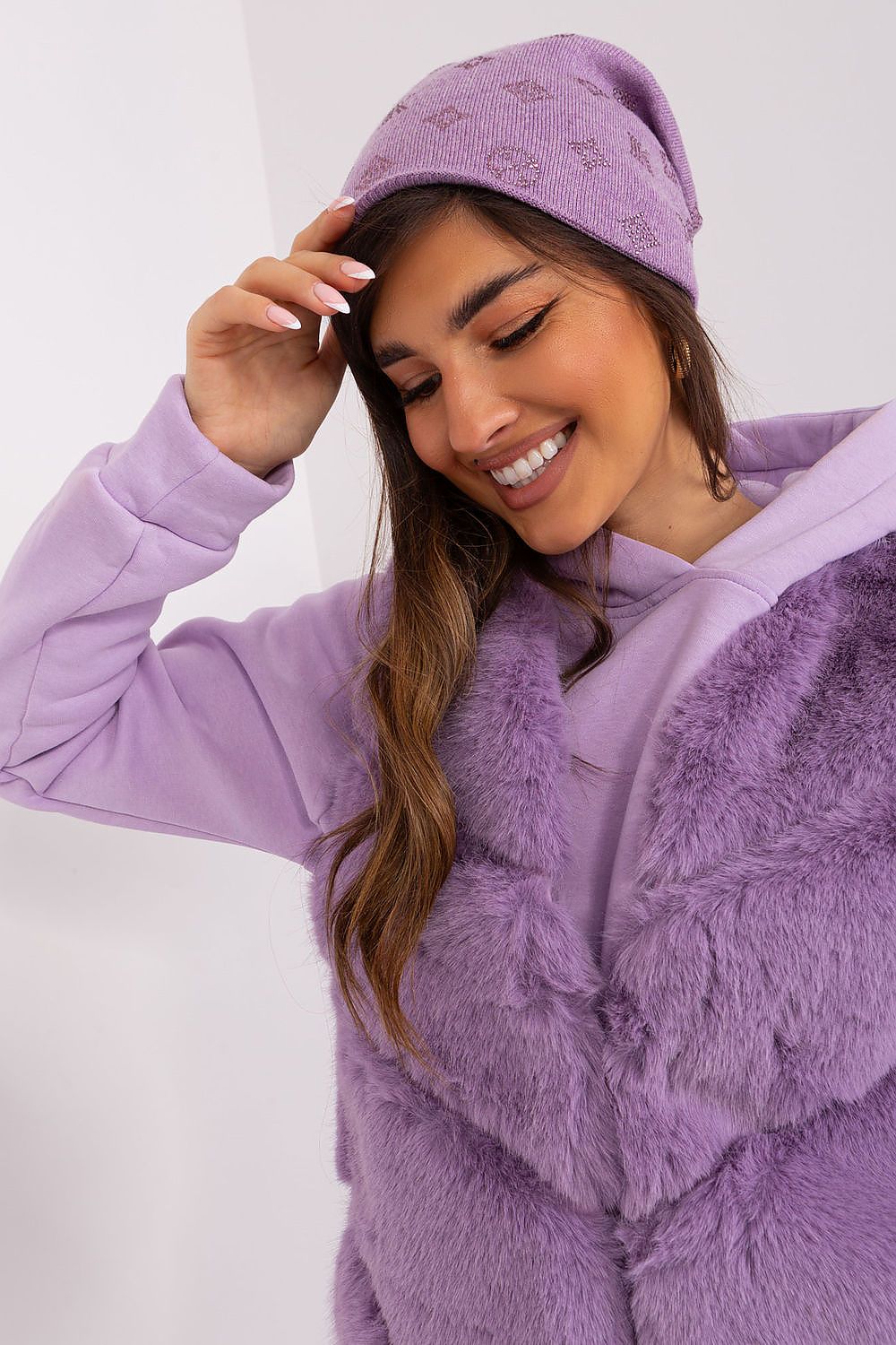 Chic women's winter beanie hat by AT in cashmere blend, embellished with sparkling rhinestones for added luxury.