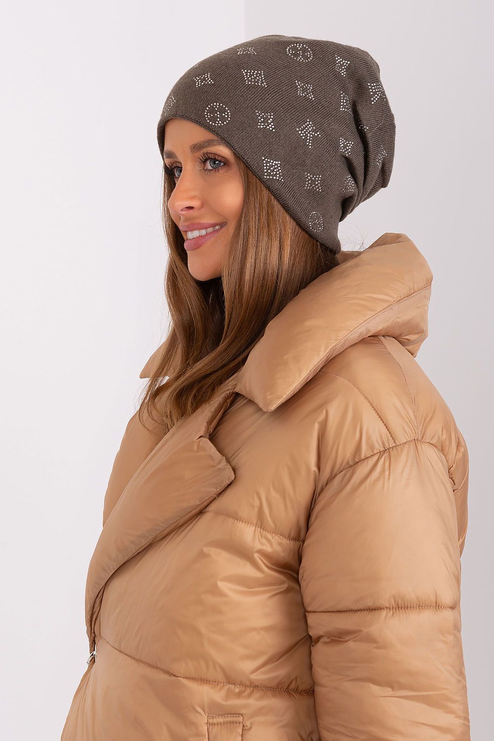 Chic women's winter beanie hat by AT, crafted from a soft cashmere blend with decorative rhinestones, ensuring both comfort and elegance.