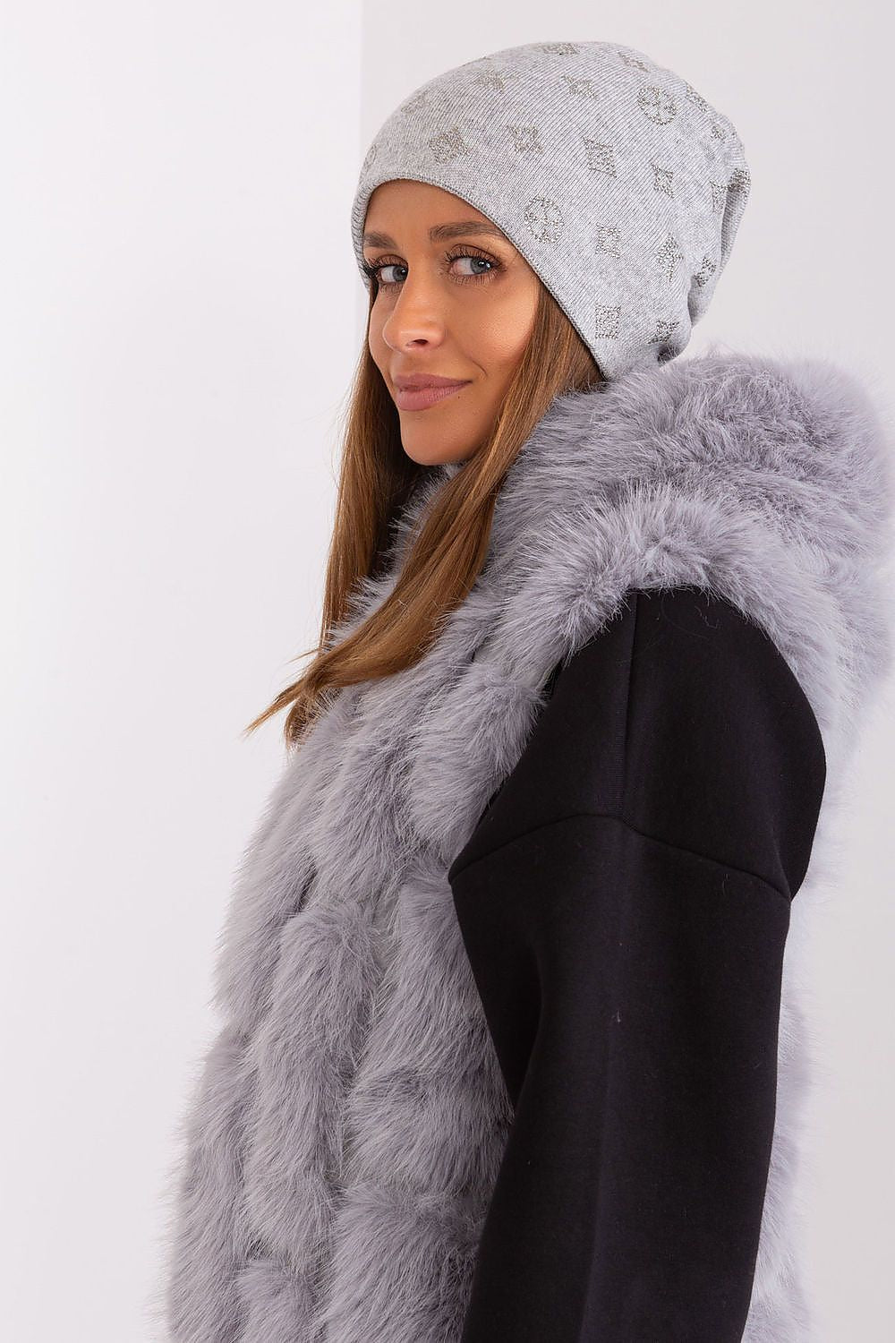 Elegant cashmere blend women's beanie hat adorned with rhinestones, designed by AT for a chic winter look.