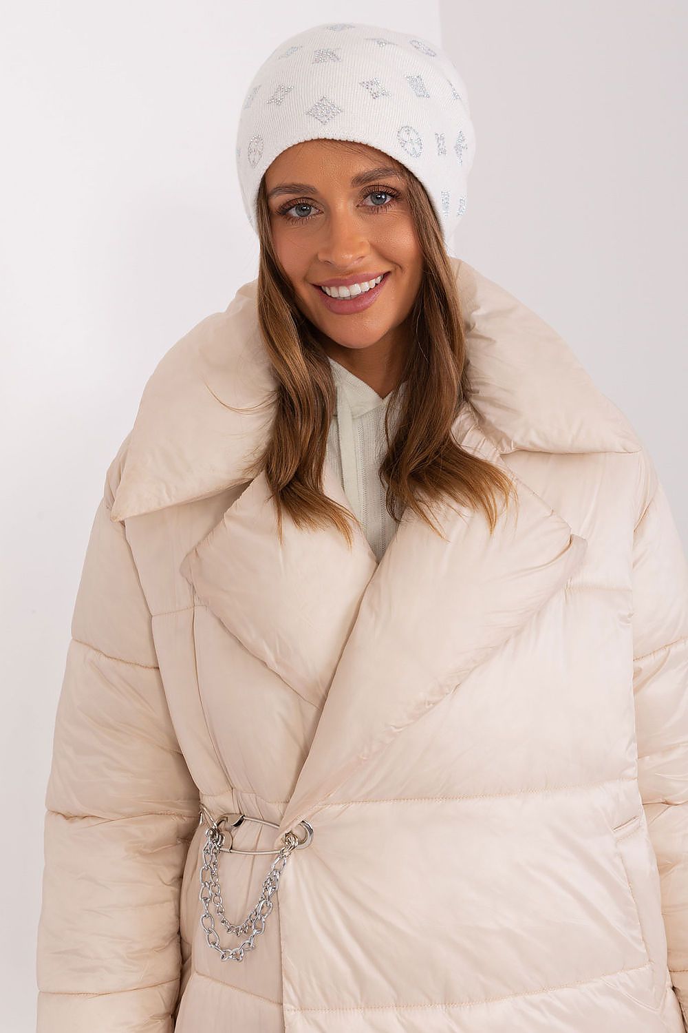 Luxurious women's cashmere blend beanie hat with rhinestones by AT, perfect for winter elegance.