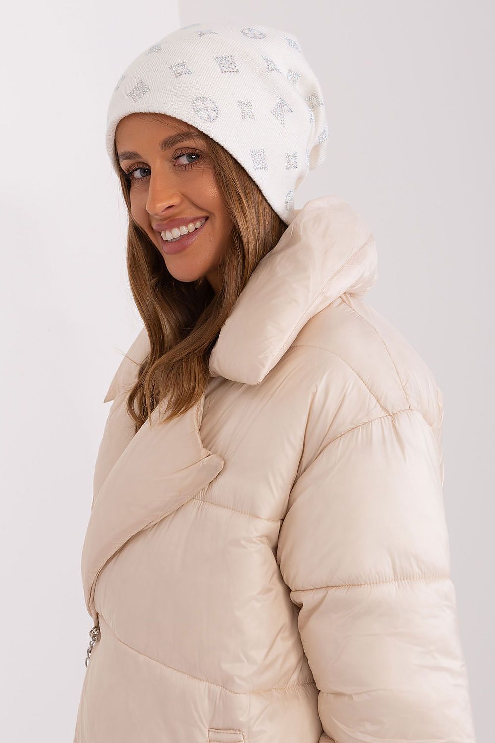 Fashionable women's beanie hat made with a luxurious cashmere blend and rhinestones, from AT.