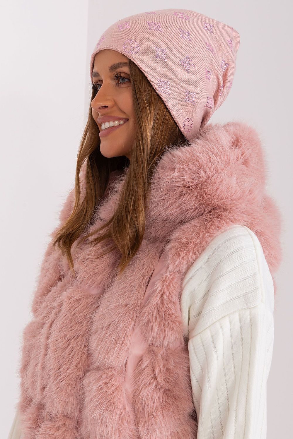 Luxurious women's cashmere blend beanie hat by AT adorned with sparkling rhinestones, ideal for winter warmth.