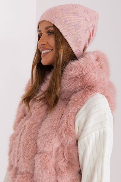 Luxurious women's cashmere blend beanie hat by AT adorned with sparkling rhinestones, ideal for winter warmth.