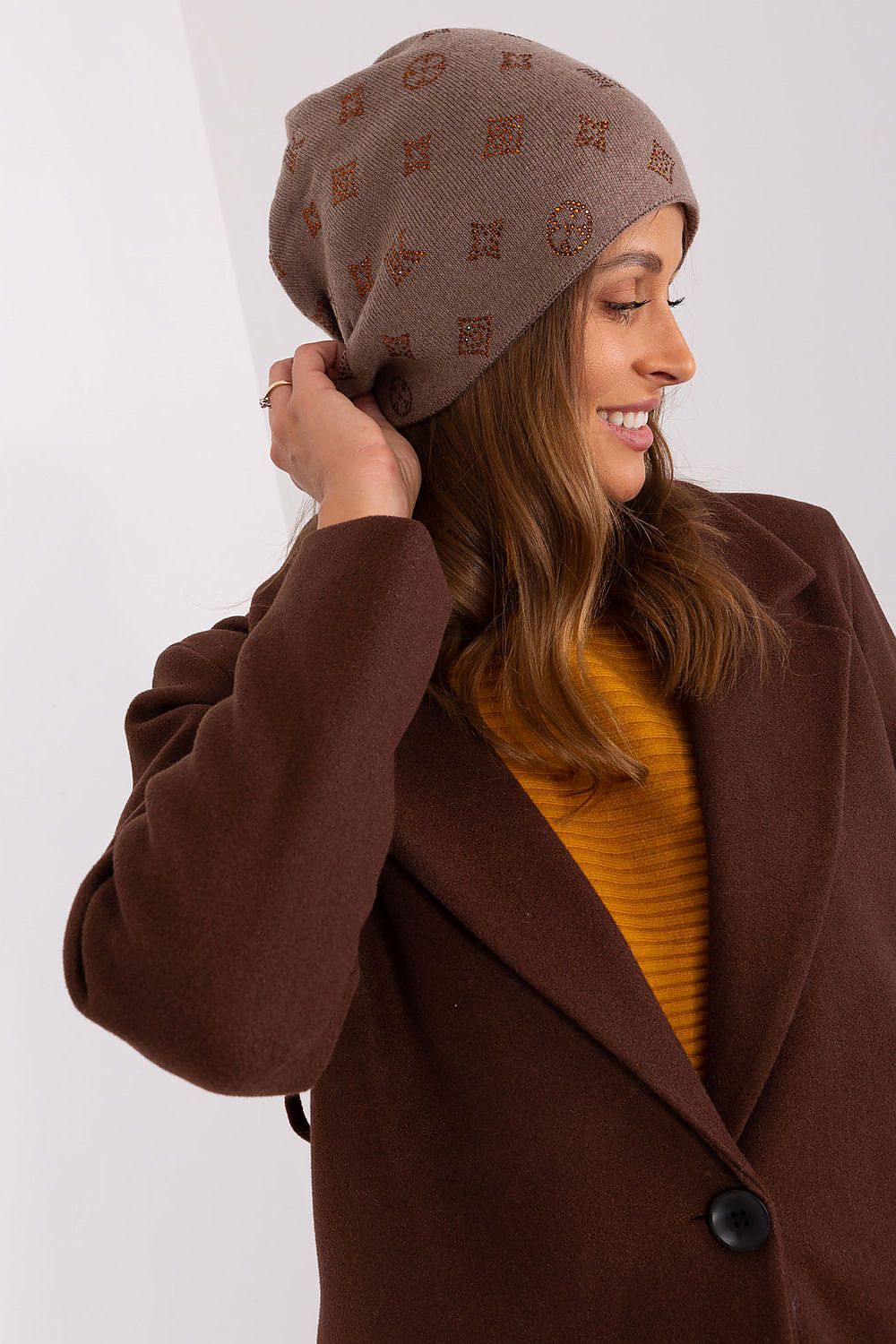 Luxurious women's cashmere blend beanie hat with rhinestones by AT, perfect for stylish winter warmth.