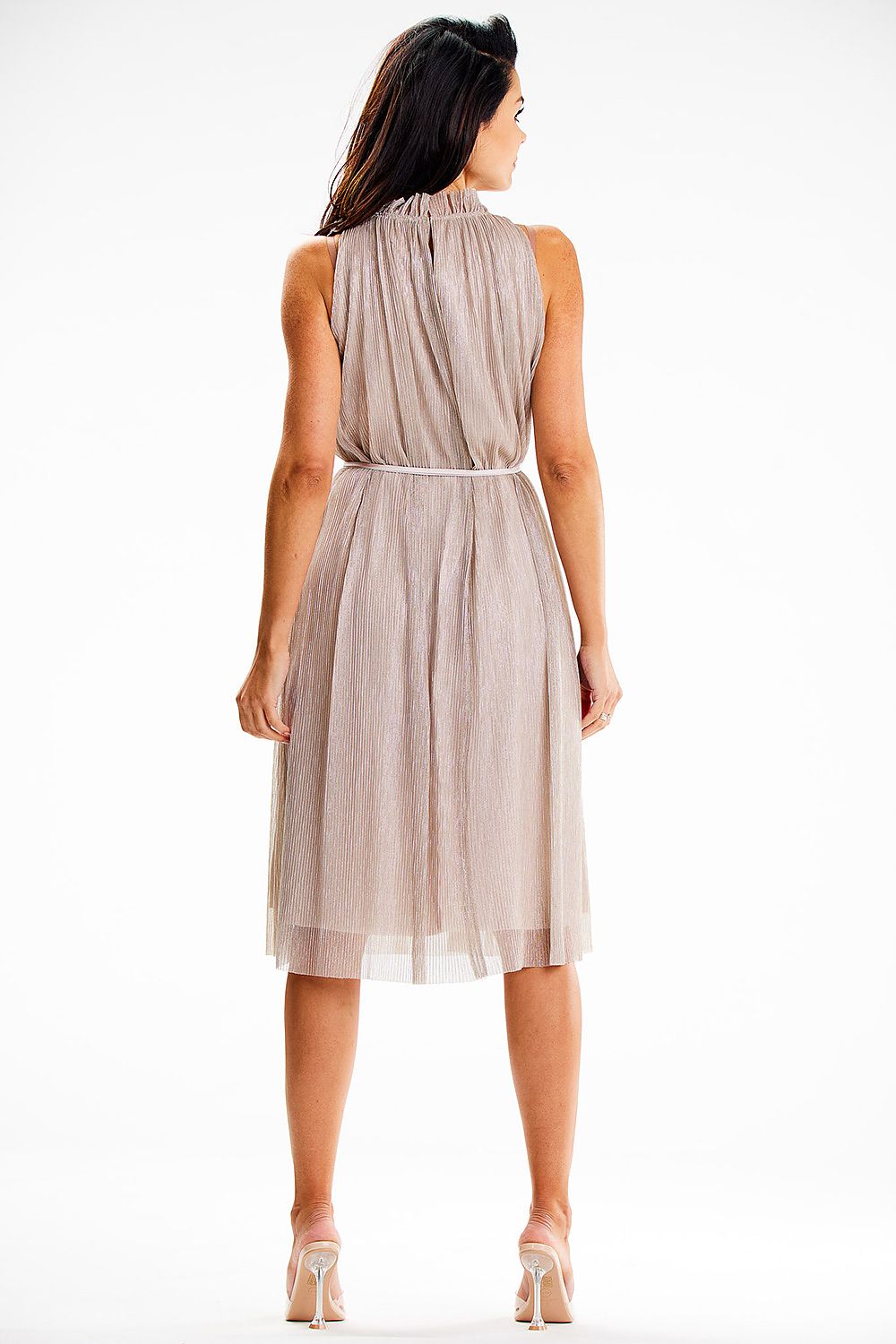 Elegant Awama midi dress featuring a luxurious halter neckline, decorative collar, and a chic satin belt, perfect for sophisticated occasions.