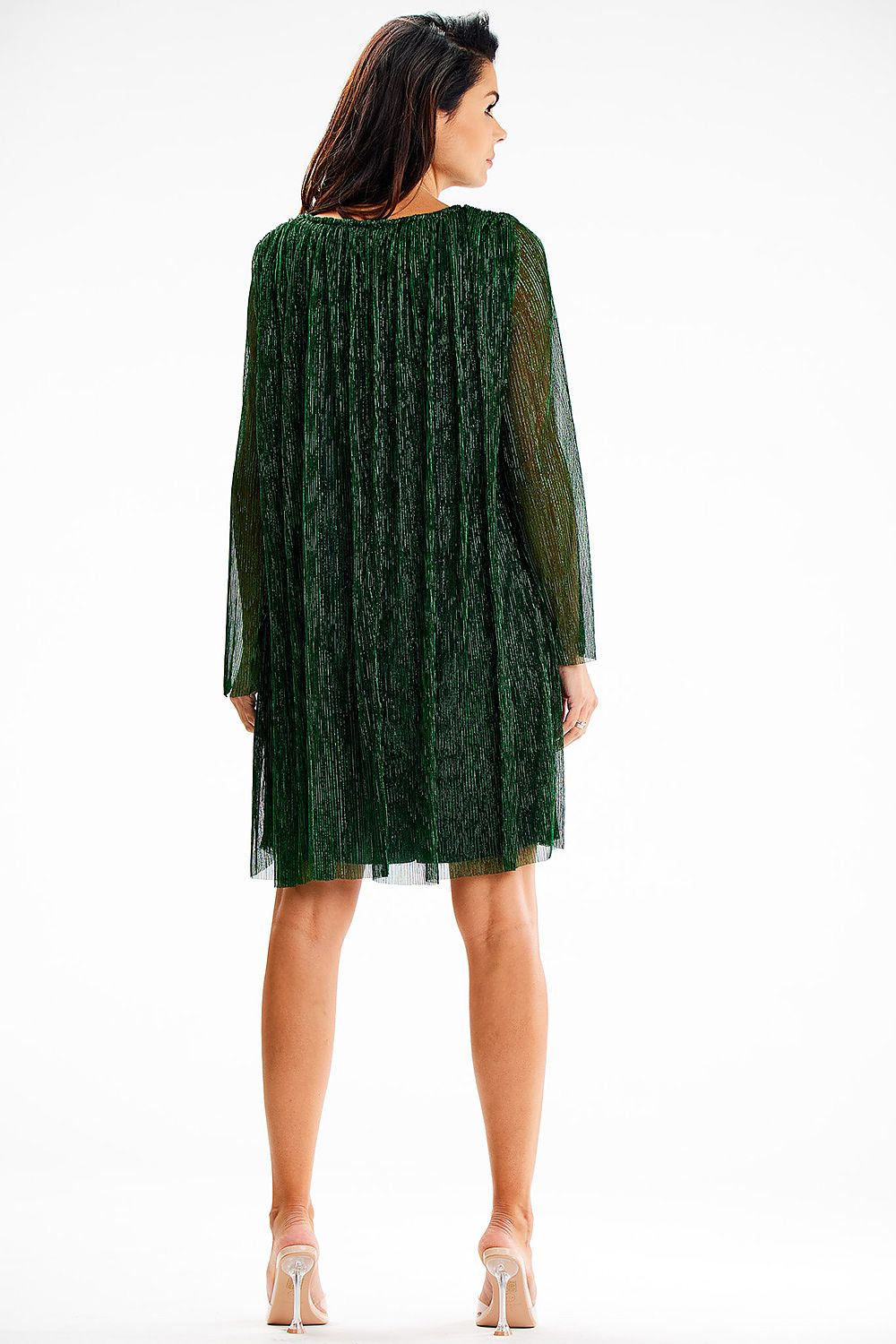 Model wearing an elegant evening dress with flowing sleeves and satin lining by Awama, perfect for an elegant night out.