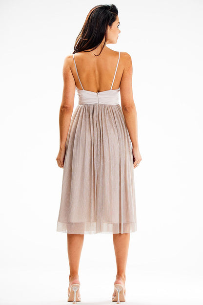 Close-up of the Awama satin strapless evening midi dress featuring luxurious material and detailing, perfect for a chic and sophisticated evening look.