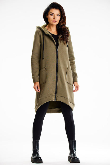 Luxury cotton-blend long hooded sweatshirt with zipper and pockets by Infinite You, showcasing premium fabric, modern design and knee-length comfort.