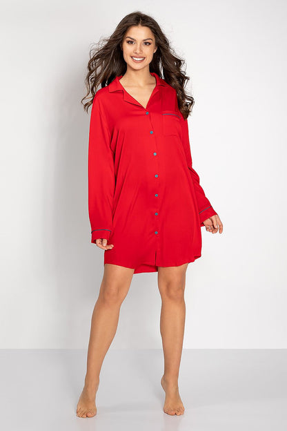 Elegant long sleeve nightshirt by Momenti Per Me, crafted from soft viscose with a refined V neck and practical breast pocket, showcasing luxury and comfort.