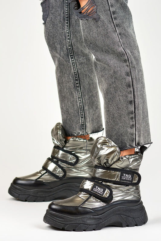 Elegant silver women's snow boots with black accents by PRIMO, featuring eco fur lining, 13 cm upper height, and a stylish 4.5 cm platform for fashionable winter footwear.