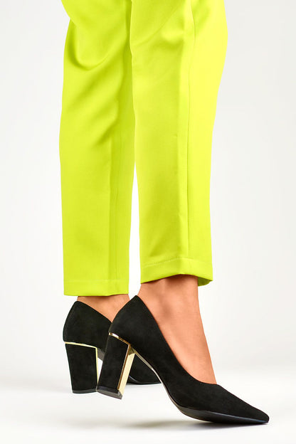 Close-up of PRIMO Black Eco-Suede Block Heel Pumps, highlighting the exquisite craftsmanship and eco-friendly materials for stylish footwear.