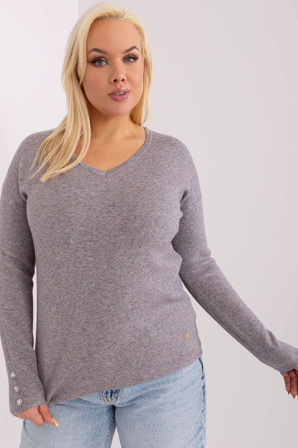 Chic plus size sweater with decorative buttons, designed for stylish and feminine workplace looks, brought to you by Factory Price.