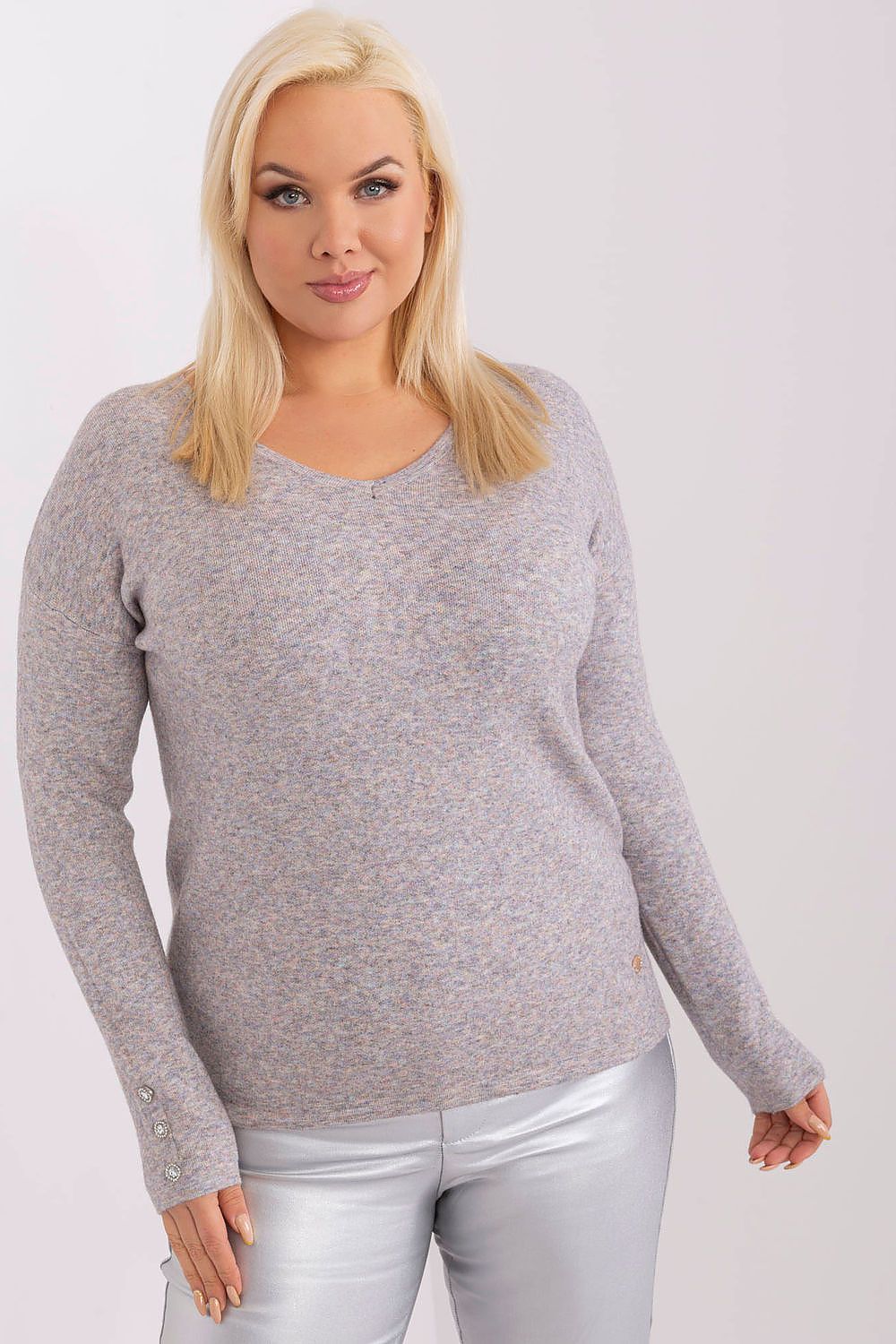 Elegant plus size women's V-neck sweater with decorative buttons, crafted by Factory Price, perfect for stylish workwear.